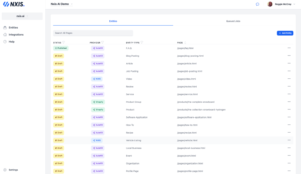 NxisAI Dashboard — Entity Management View